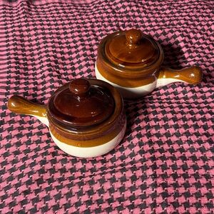 OAK Brown and Cream Ceramic Soup Bowls with Lids Handmade Artisan French Onion